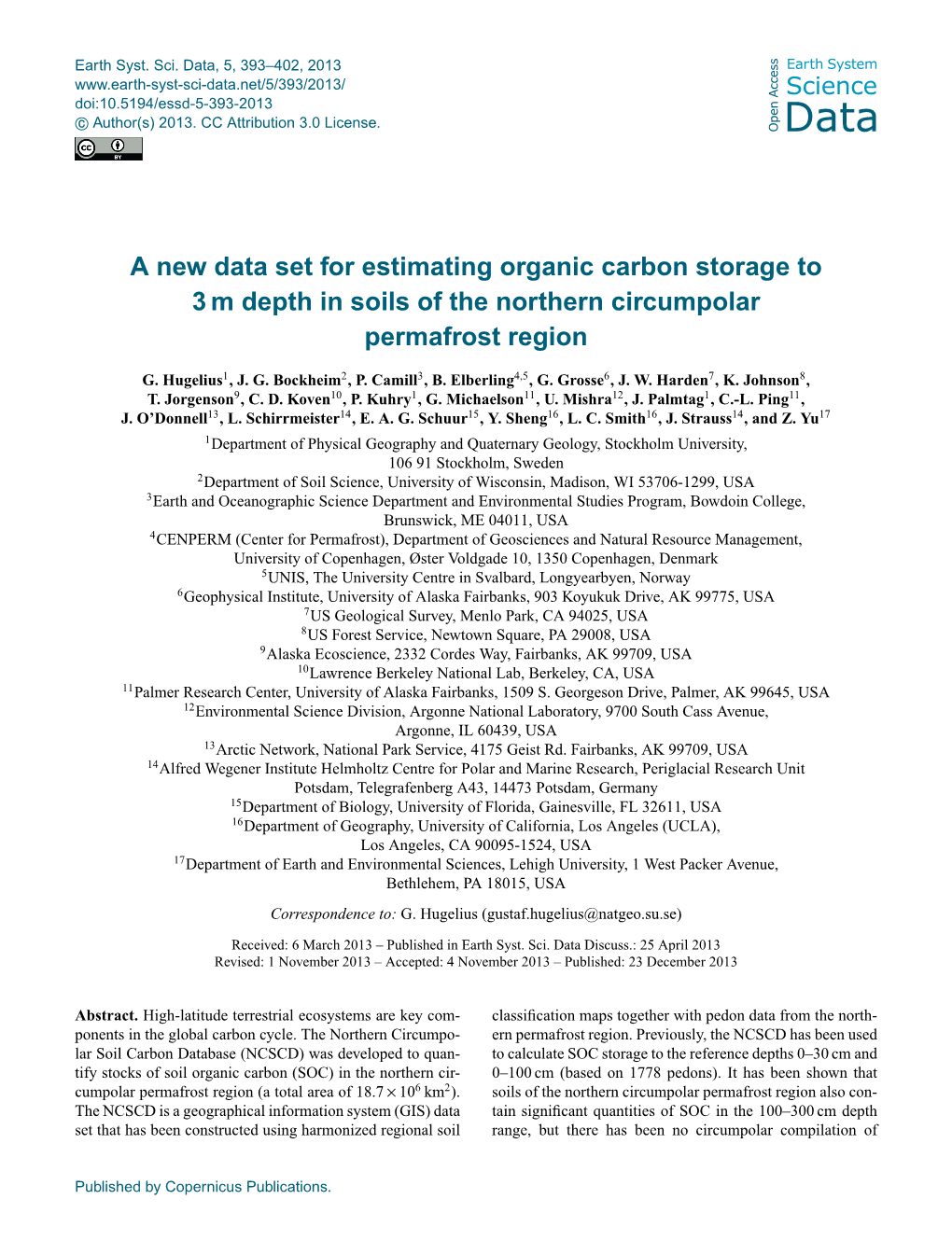 A New Data Set for Estimating Organic Carbon Storage to 3 M Depth in Soils of the Northern Circumpolar Permafrost Region