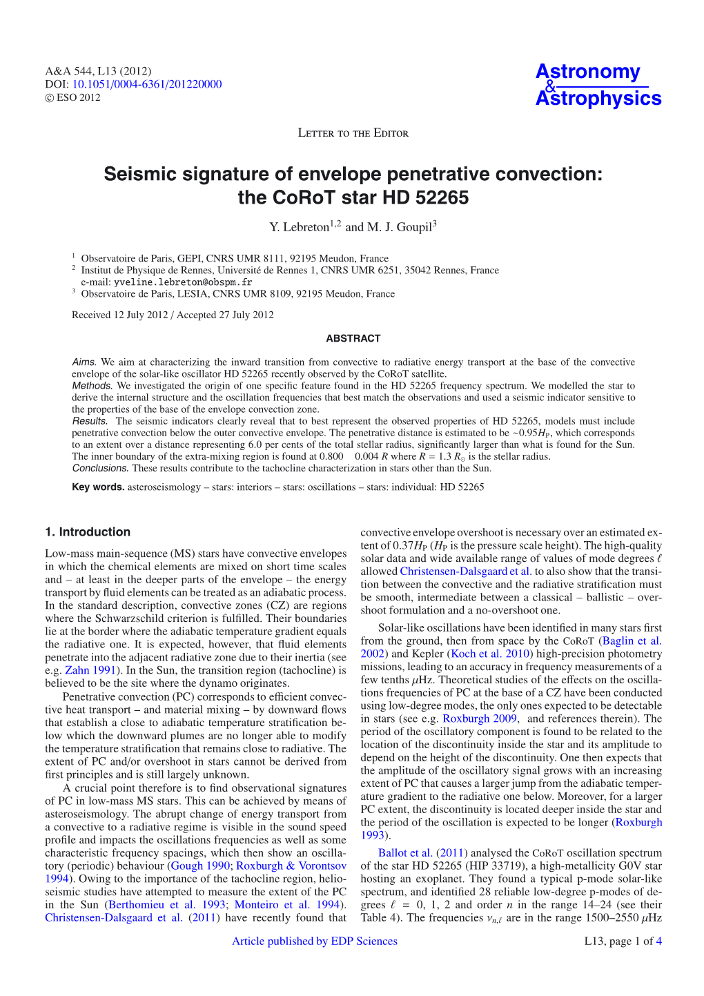 Seismic Signature of Envelope Penetrative Convection: the Corot Star HD 52265