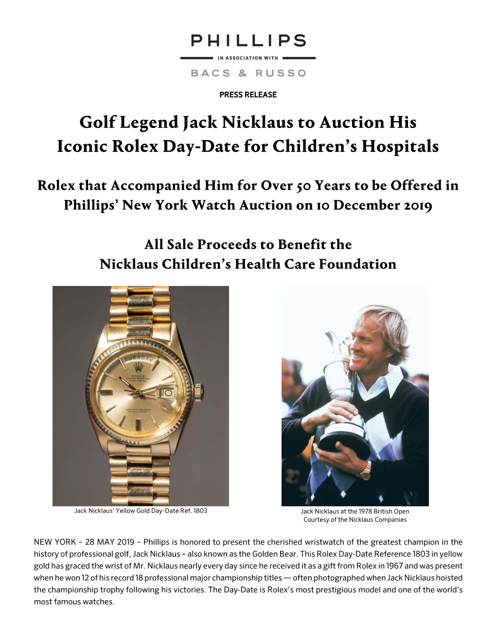 Golf Legend Jack Nicklaus to Auction His Iconic Rolex Day‐Date for Children’S Hospitals