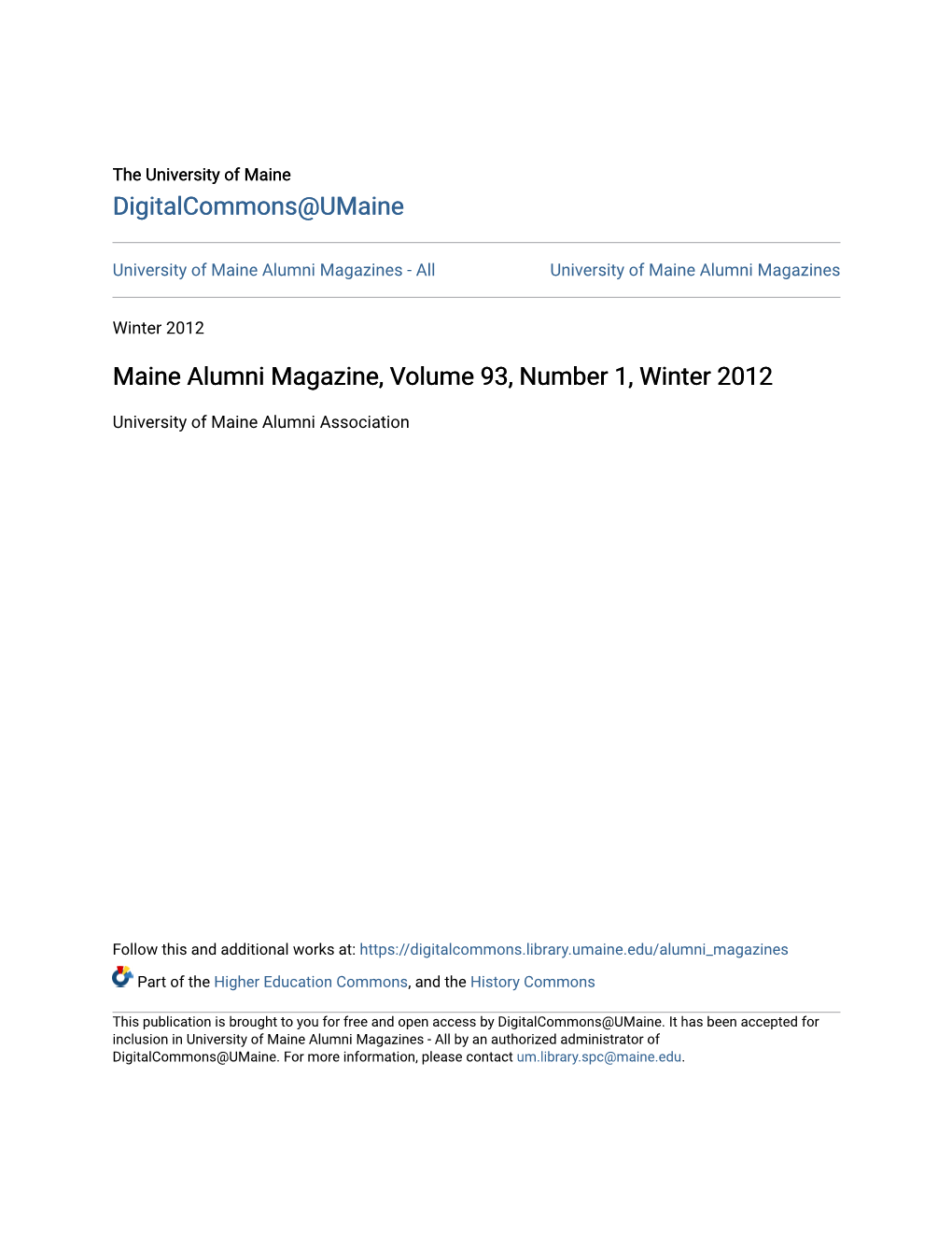 Maine Alumni Magazine, Volume 93, Number 1, Winter 2012