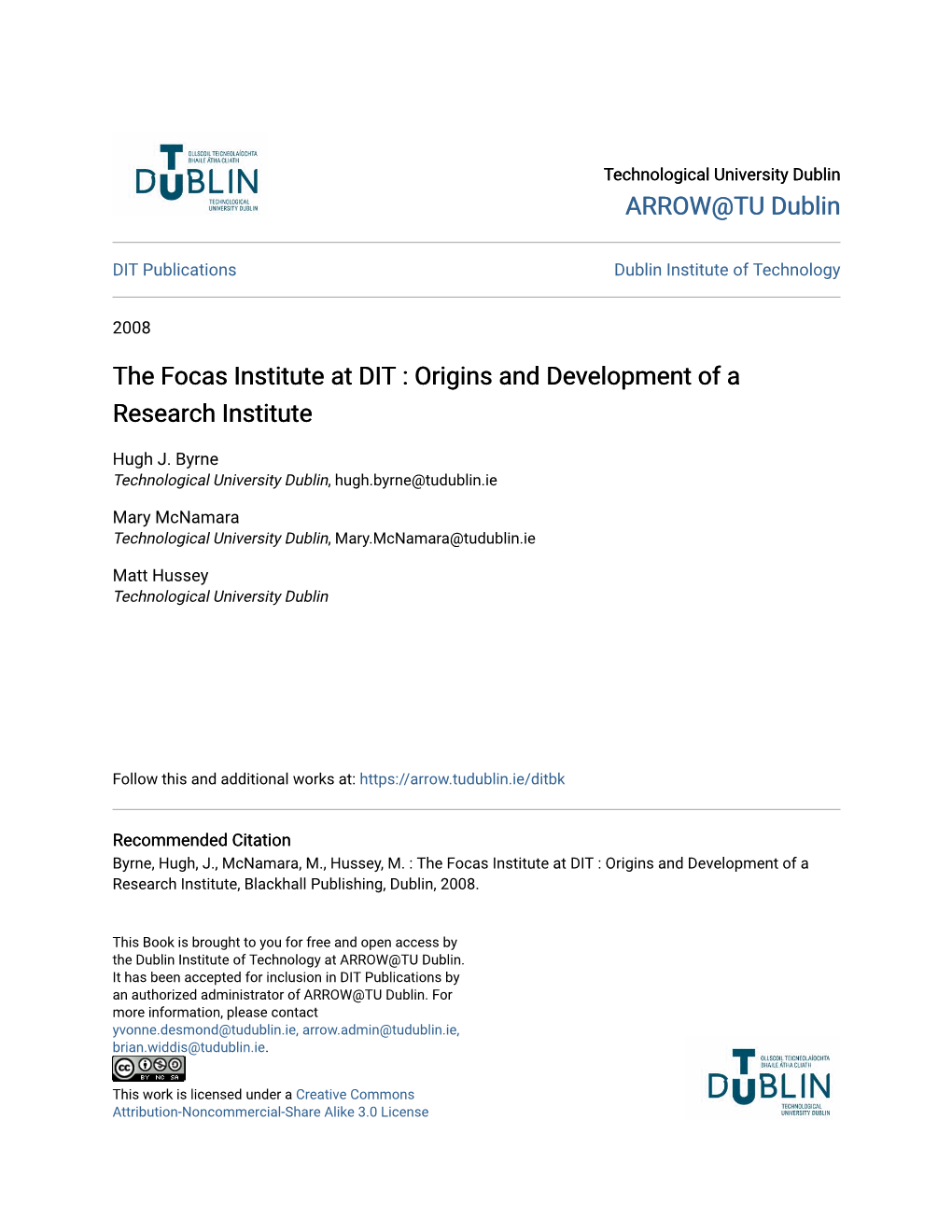 The Focas Institute at DIT : Origins and Development of a Research Institute