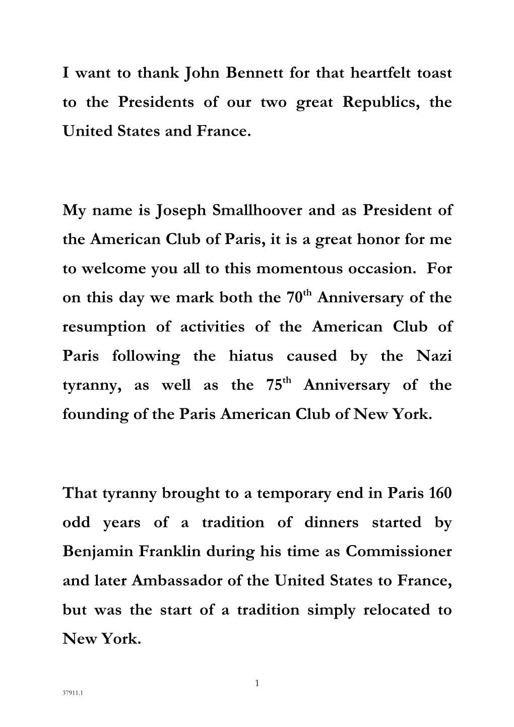 American Club of Paris President Joseph Smallhoover's Remarks