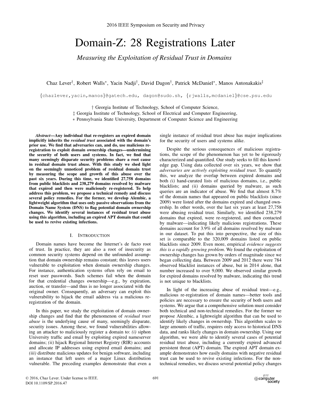 Domain-Z: 28 Registrations Later Measuring the Exploitation of Residual Trust in Domains