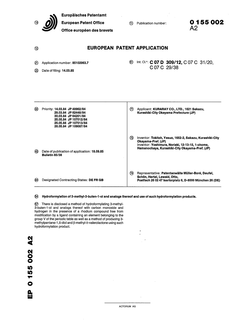 Hydroformylation of 3-Methyl-3-Buten-1-Ol and Analogs