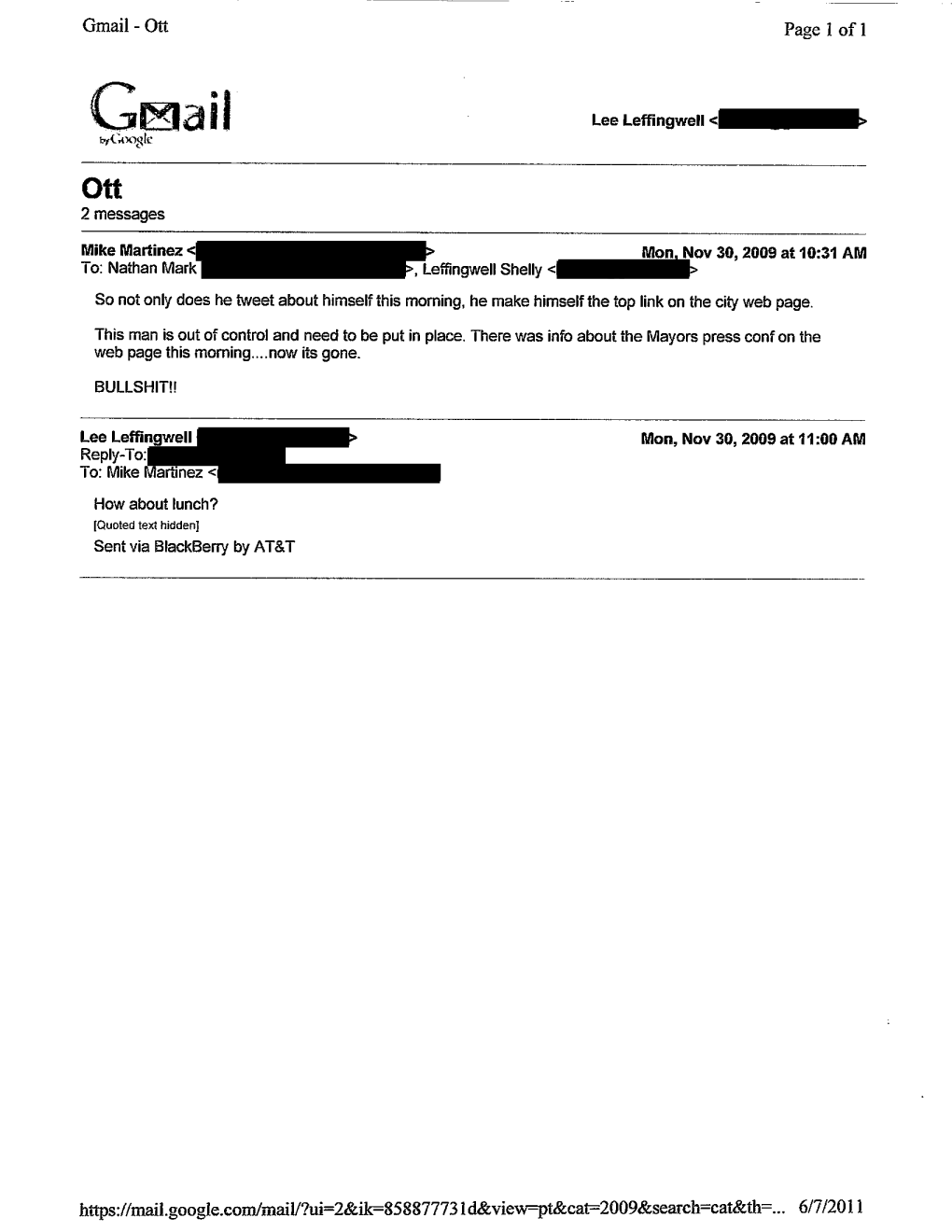 Mayor Lee Leffingwell's 2009 E-Mails on Personal E