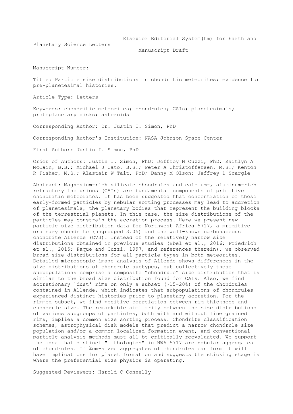 Elsevier Editorial System(Tm) for Earth and Planetary Science Letters Manuscript Draft Manuscript Number: Title: Particle Size