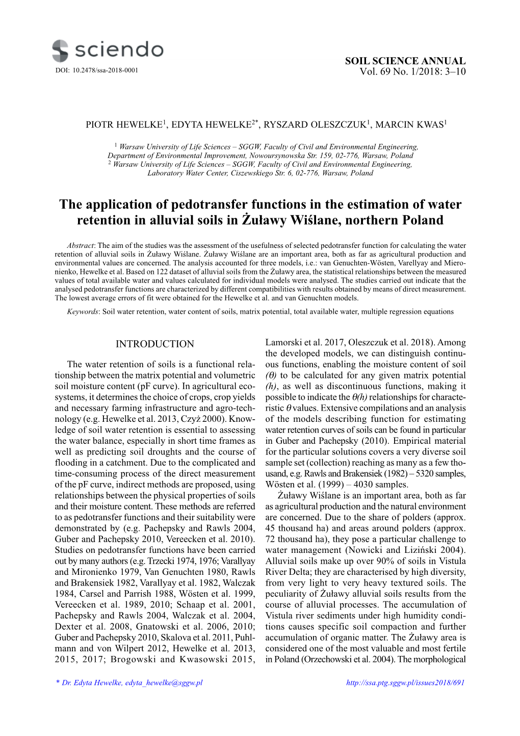 The Application of Pedotransfer Functions in the Estimation of Water Retention in Alluvial Soils in ¯U³awy Wiœlane, Northern Poland