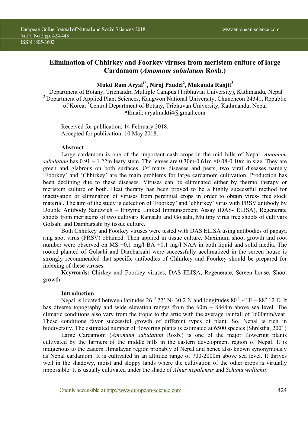 Elimination of Chhirkey and Foorkey Viruses from Meristem Culture of Large Cardamom (Amomum Subulatum Roxb.)