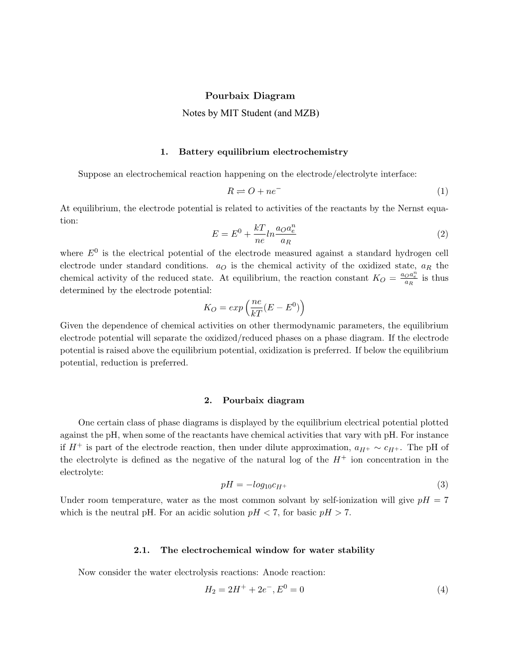 Pourbaix Diagram Notes by MIT Student (And MZB)