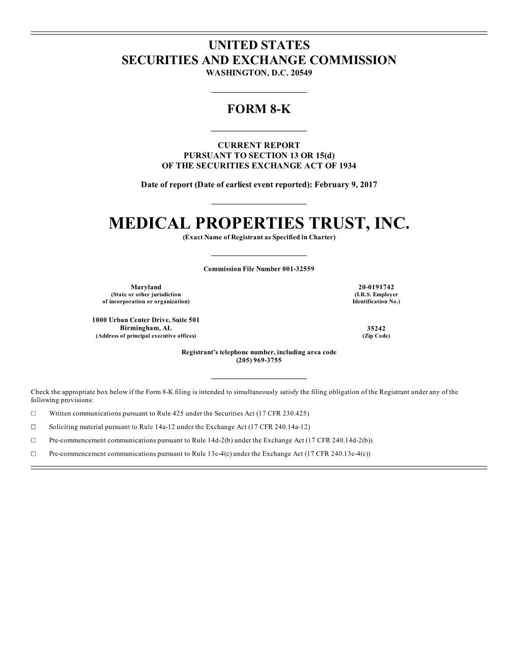 MEDICAL PROPERTIES TRUST, INC. (Exact Name of Registrant As Specified in Charter)
