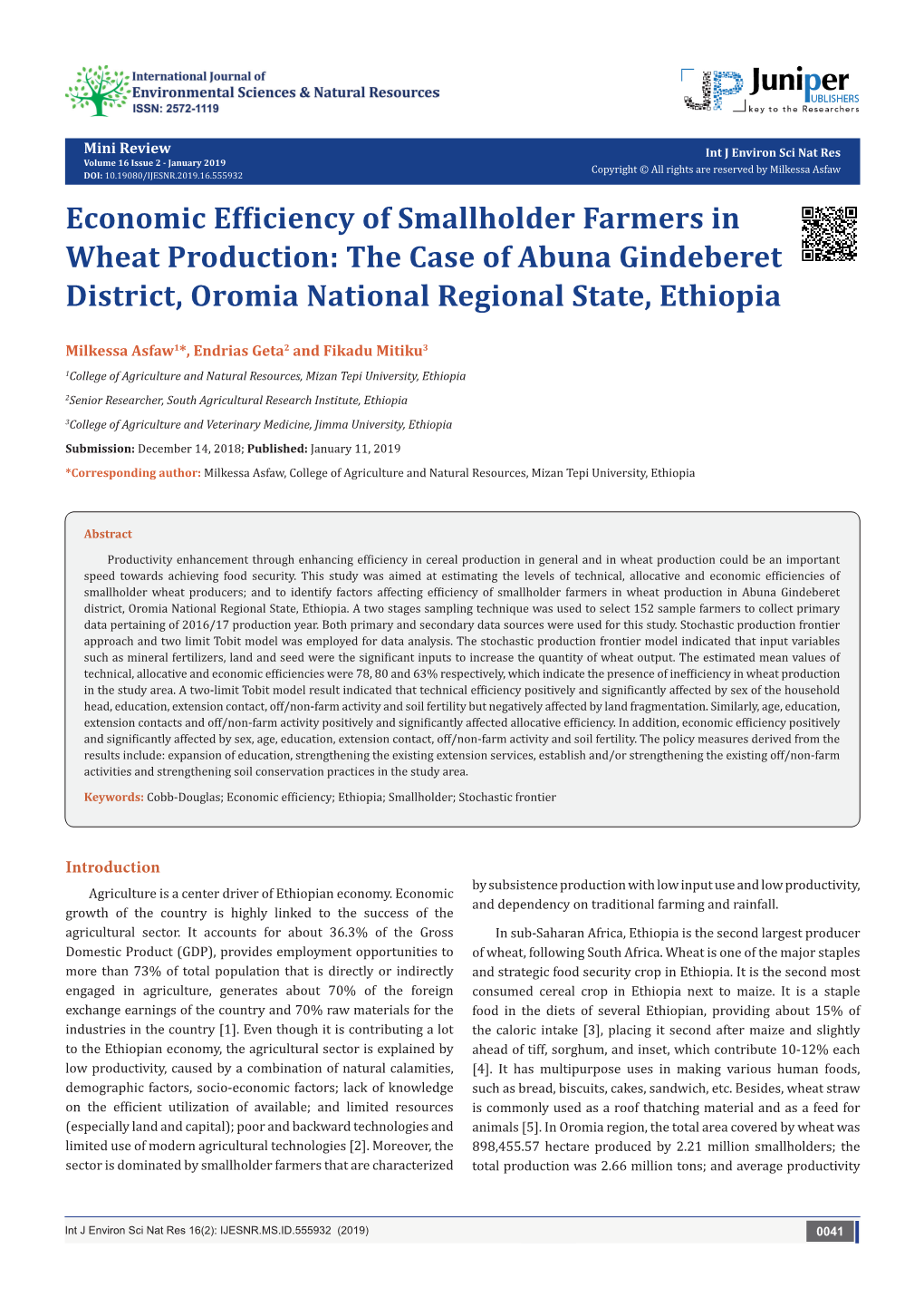 Economic Efficiency of Smallholder Farmers in Wheat Production: the Case of Abuna Gindeberet District, Oromia National Regional State, Ethiopia