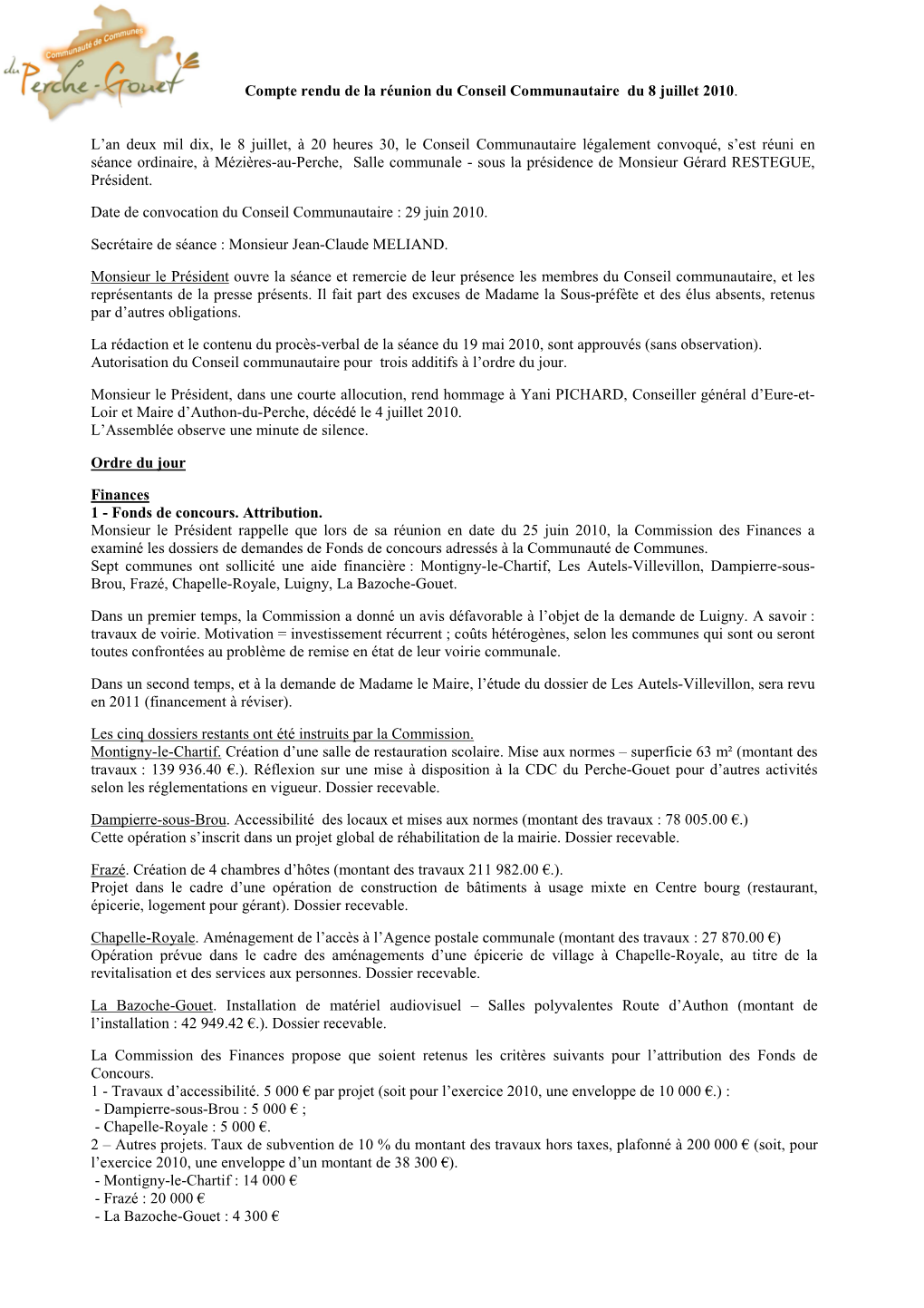 Compte Rendu De La Réunion Du Conseil Communautaire Du 8 Juillet 2010