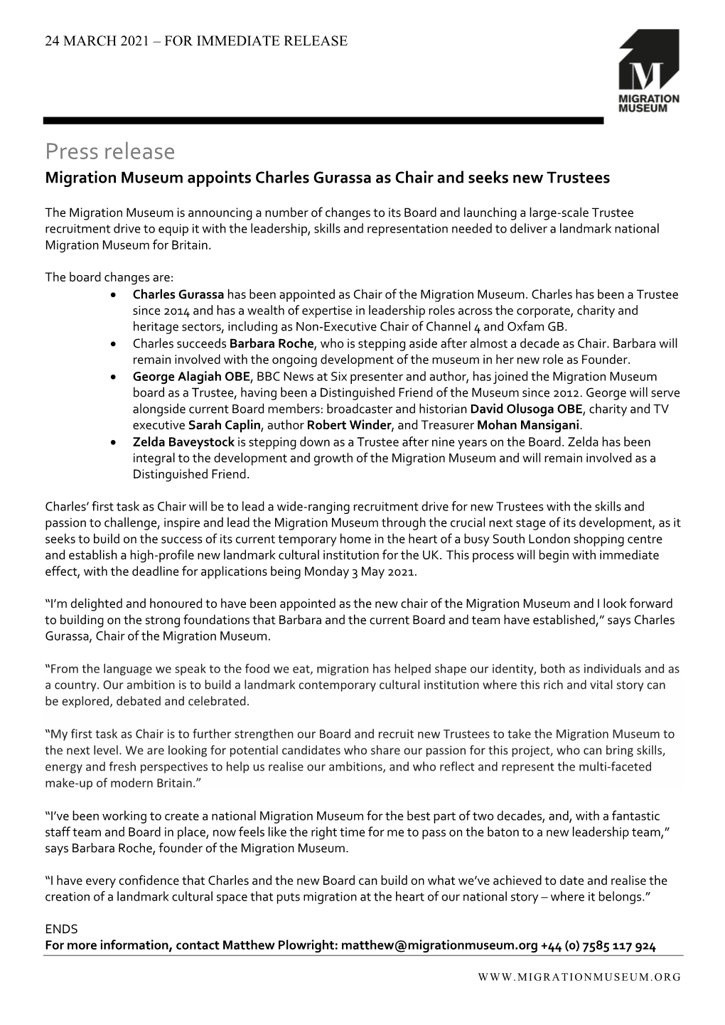 Migration Museum Appoints Charles Gurassa As Chair and Seeks New Trustees
