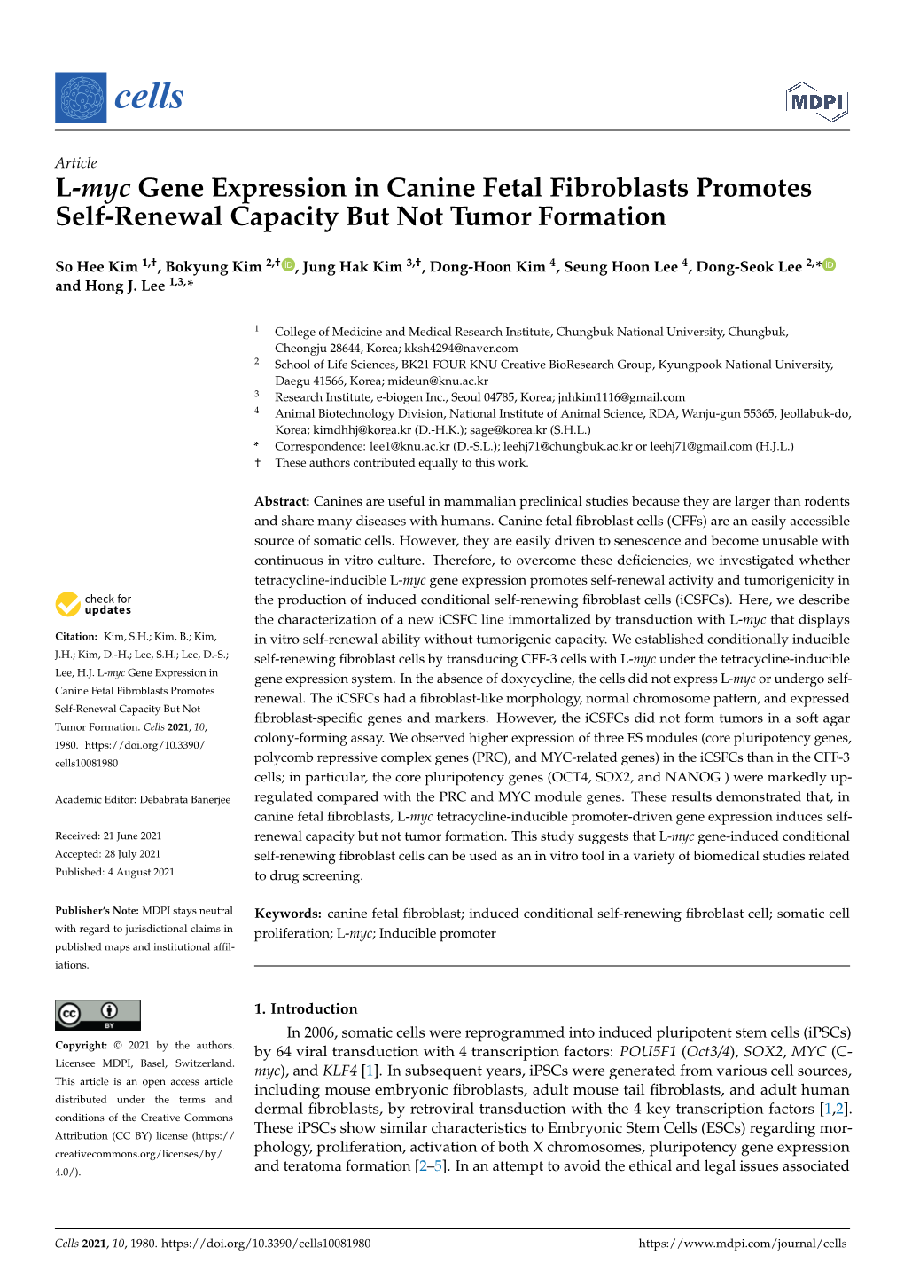 L-Myc Gene Expression in Canine Fetal Fibroblasts Promotes Self-Renewal Capacity but Not Tumor Formation