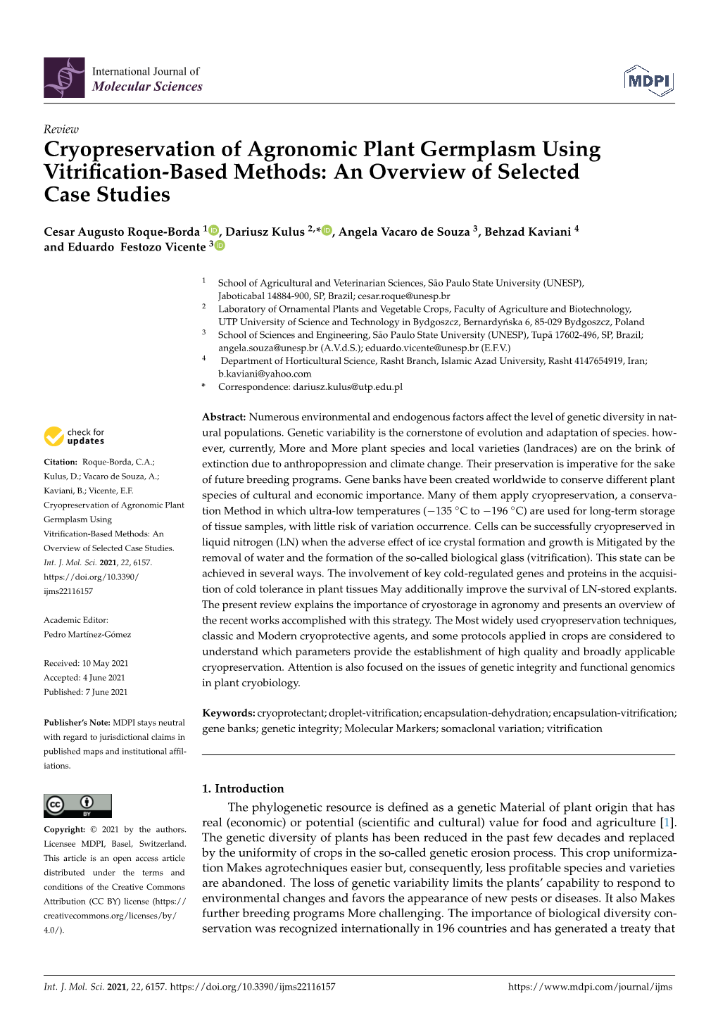 Cryopreservation of Agronomic Plant Germplasm Using Vitrification