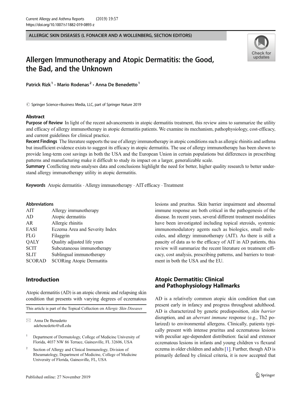 Allergen Immunotherapy and Atopic Dermatitis: the Good, the Bad, and the Unknown