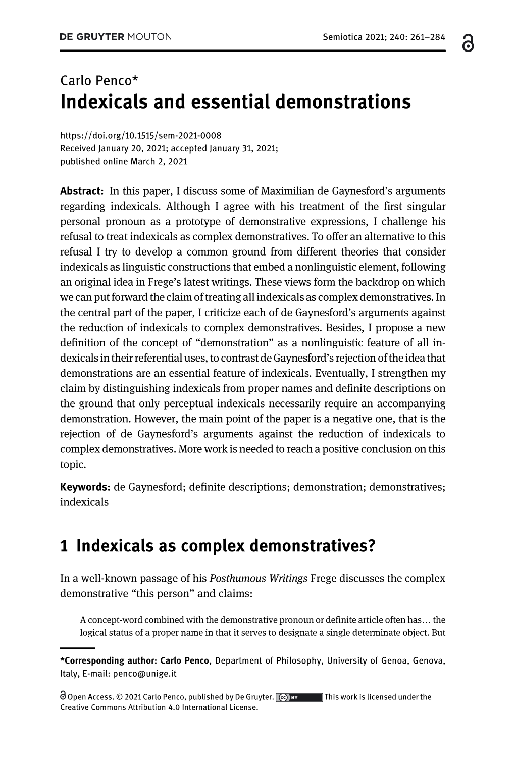 Indexicals and Essential Demonstrations Received January 20, 2021; Accepted January 31, 2021; Published Online March 2, 2021