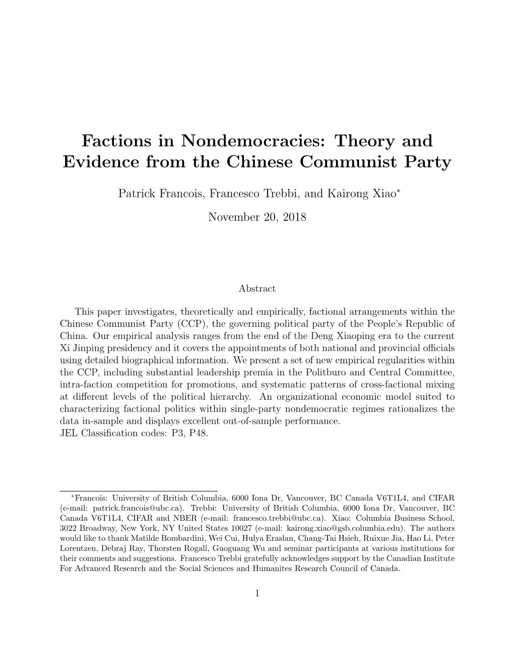 Factions in Nondemocracies: Theory and Evidence from the Chinese Communist Party