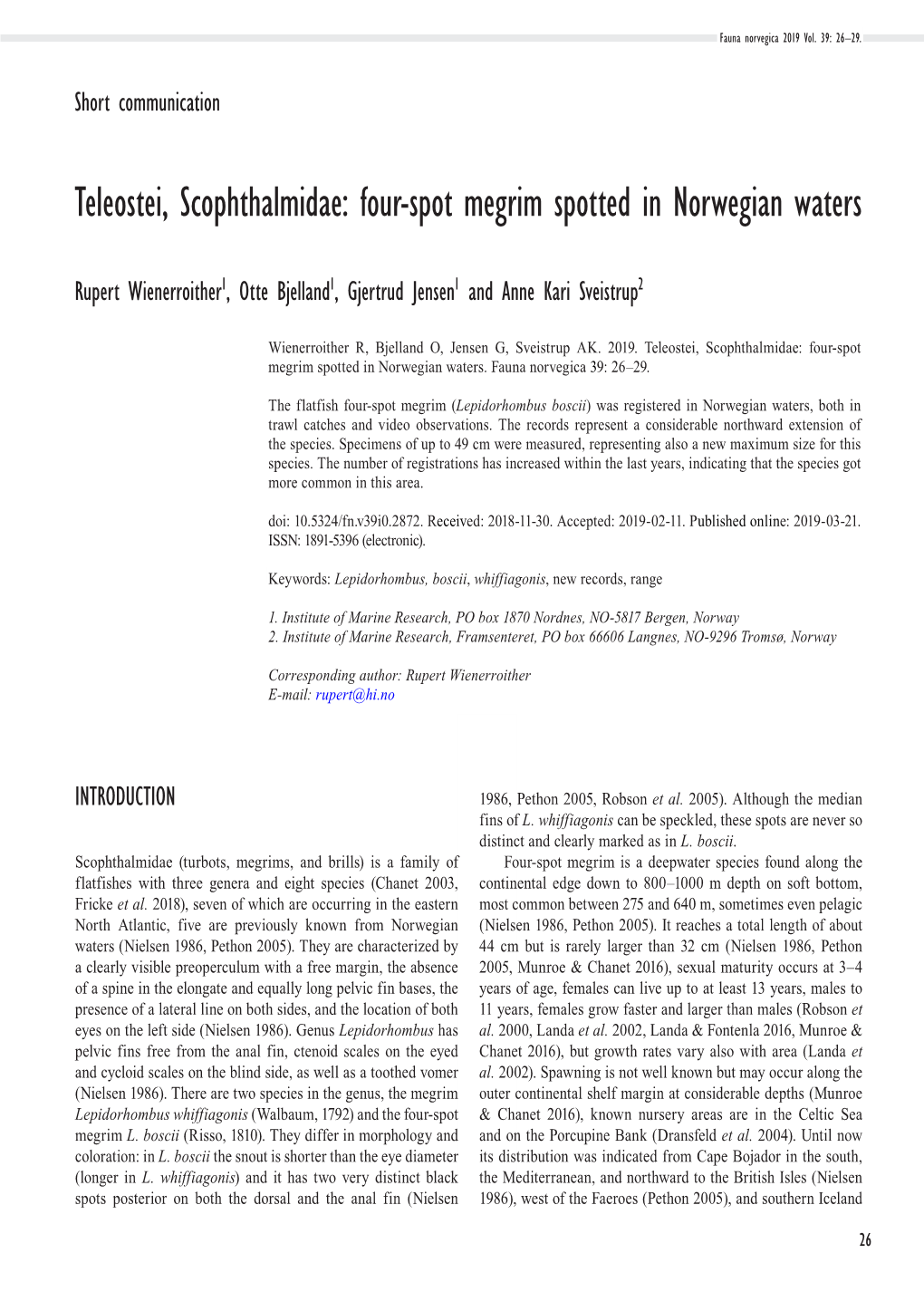 Teleostei, Scophthalmidae: Four-Spot Megrim Spotted in Norwegian Waters