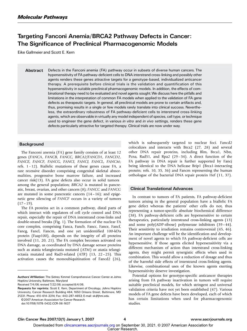 Targeting Fanconi Anemia/BRCA2 Pathway Defects in Cancer: Thesignificanceofpreclinicalpharmacogenomicmodels Eike Gallmeier and Scott E