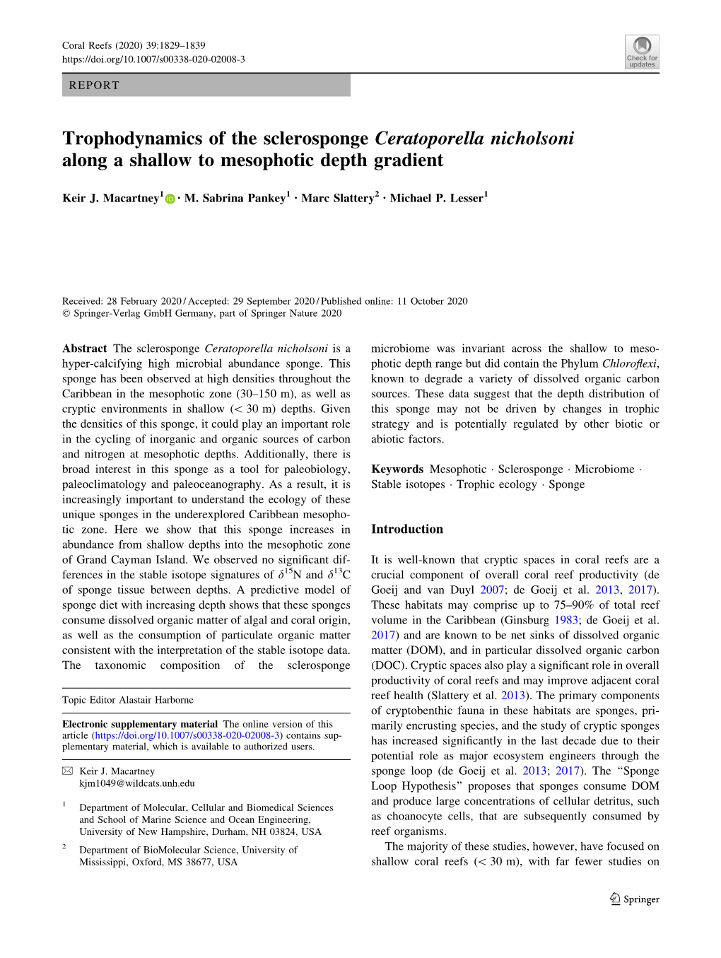 Trophodynamics of the Sclerosponge Ceratoporella Nicholsoni Along a Shallow to Mesophotic Depth Gradient