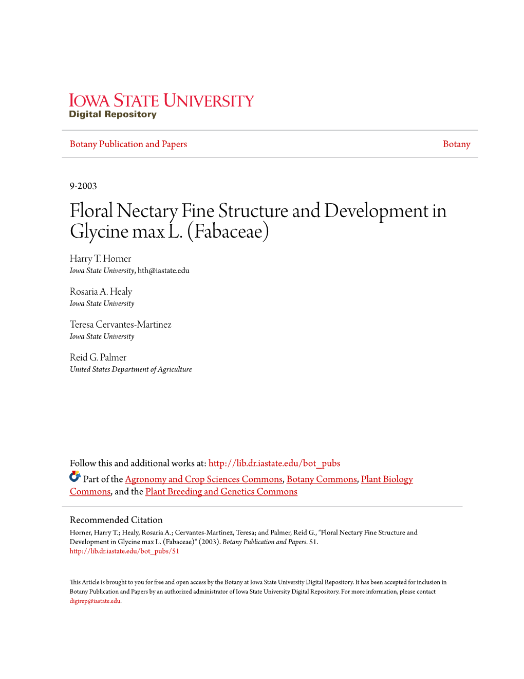 Floral Nectary Fine Structure and Development in Glycine Max L