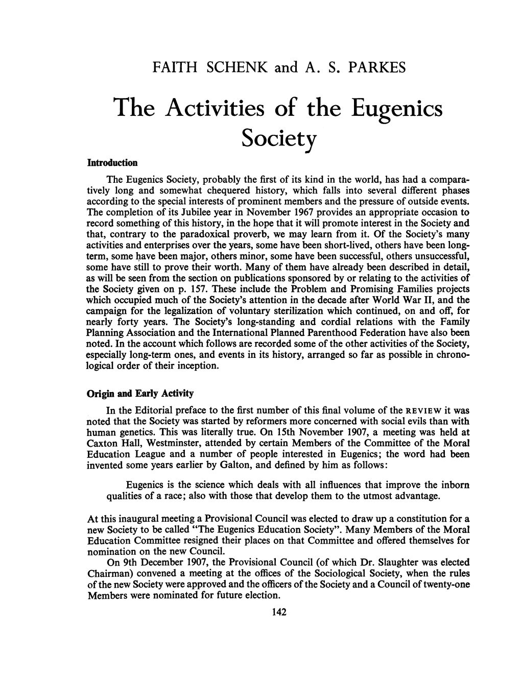 Activities of the Eugenics Society