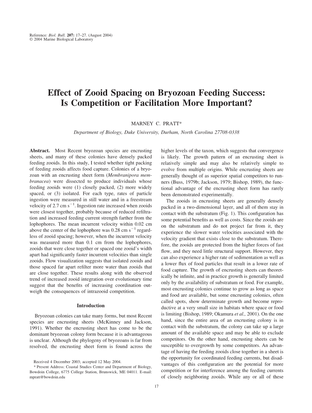 Effect of Zooid Spacing on Bryozoan Feeding Success: Is Competition Or Facilitation More Important?