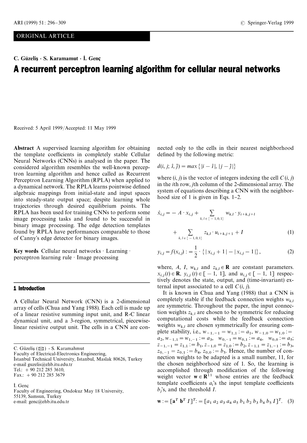 A Recurrent Perceptron Learning Algorithm for Cellular Neural Networks