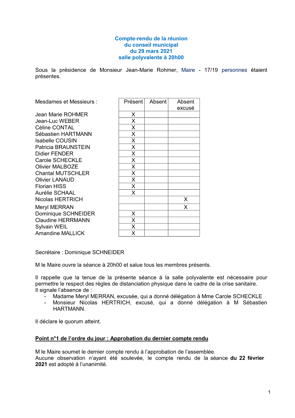 Compte-Rendu De La Réunion Du Conseil Municipal Du 29 Mars 2021 Salle Polyvalente À 20H00