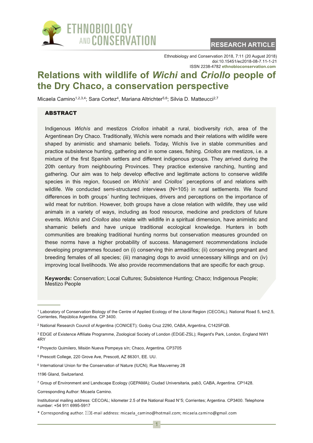 Relations with Wildlife of Wichi and Criollo People of the Dry Chaco, a Conservation Perspective