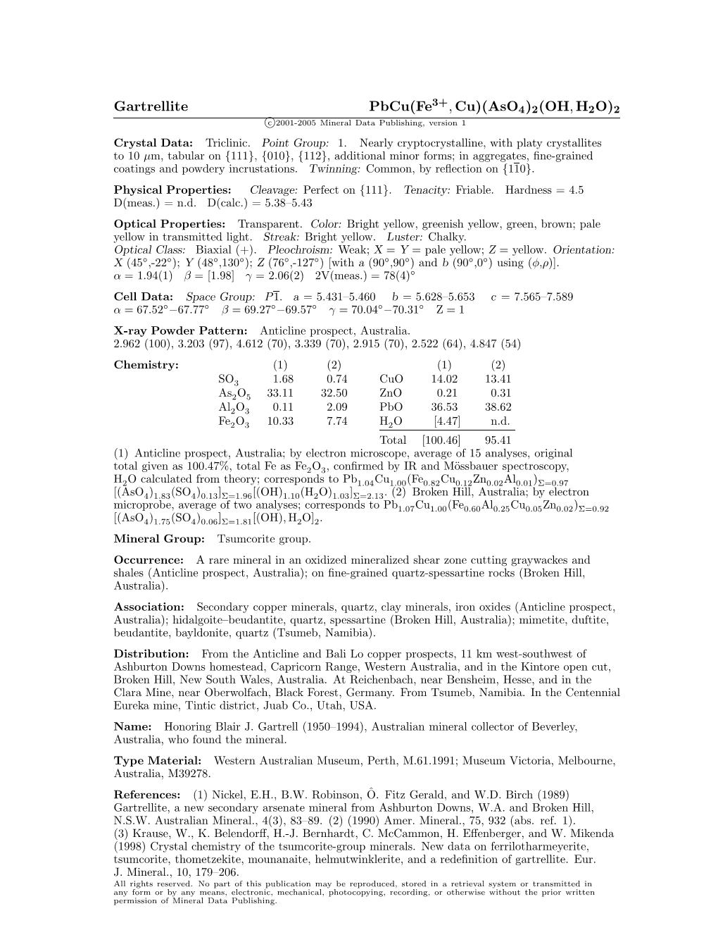 Gartrellite Pbcu(Fe3+,Cu)(Aso4)2(OH,H2O)