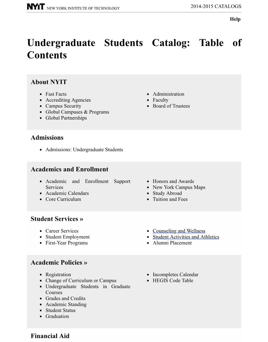 Undergraduate Students Catalog: Table of Contents