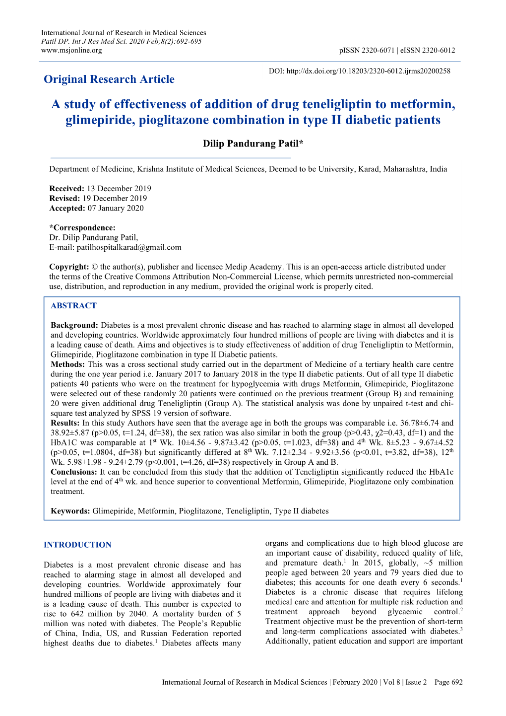 A Study of Effectiveness of Addition of Drug Teneligliptin to Metformin, Glimepiride, Pioglitazone Combination in Type II Diabetic Patients