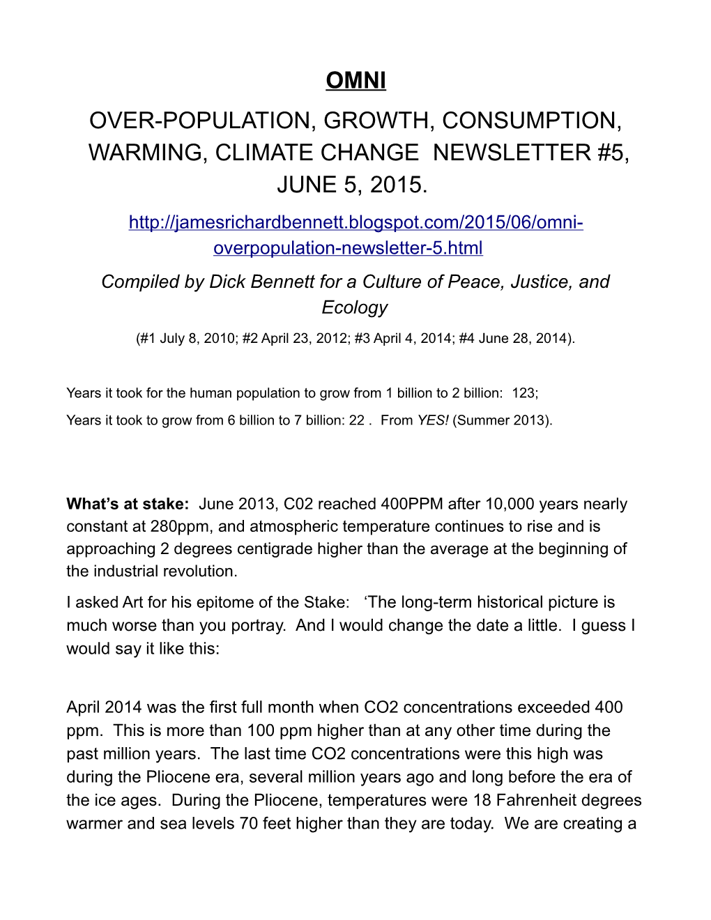 Omni Over-Population, Growth, Consumption, Warming, Climate Change Newsletter #5