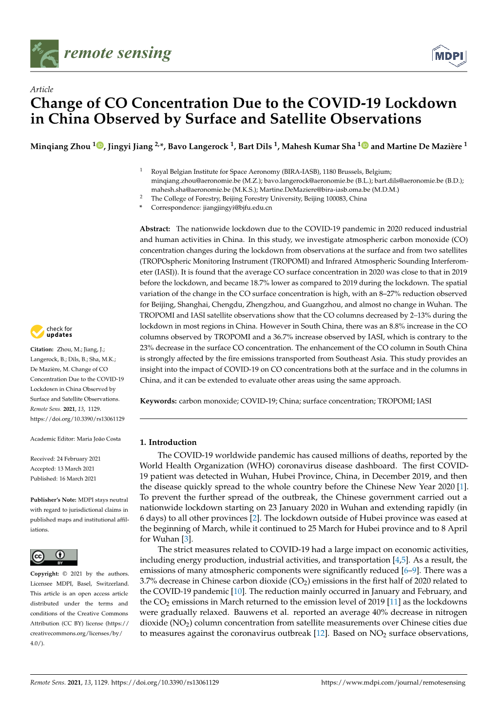 Change of CO Concentration Due to the COVID-19 Lockdown in China Observed by Surface and Satellite Observations