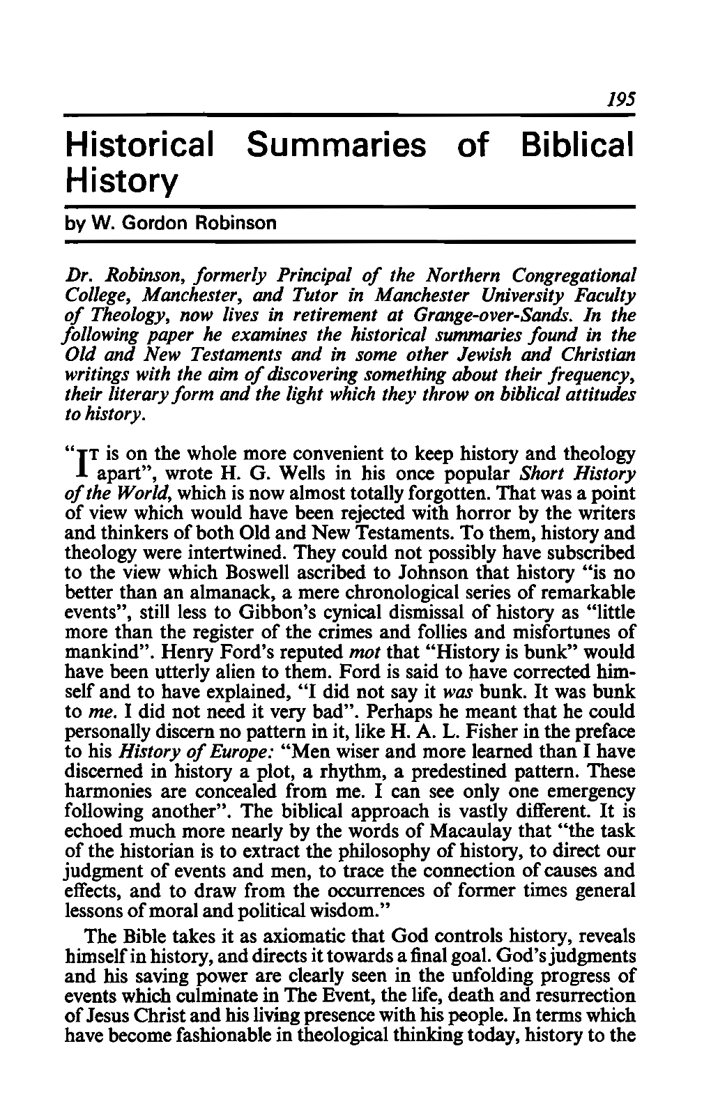 W. Gordon Robinson, "Historical Summaries of Biblical Research,"