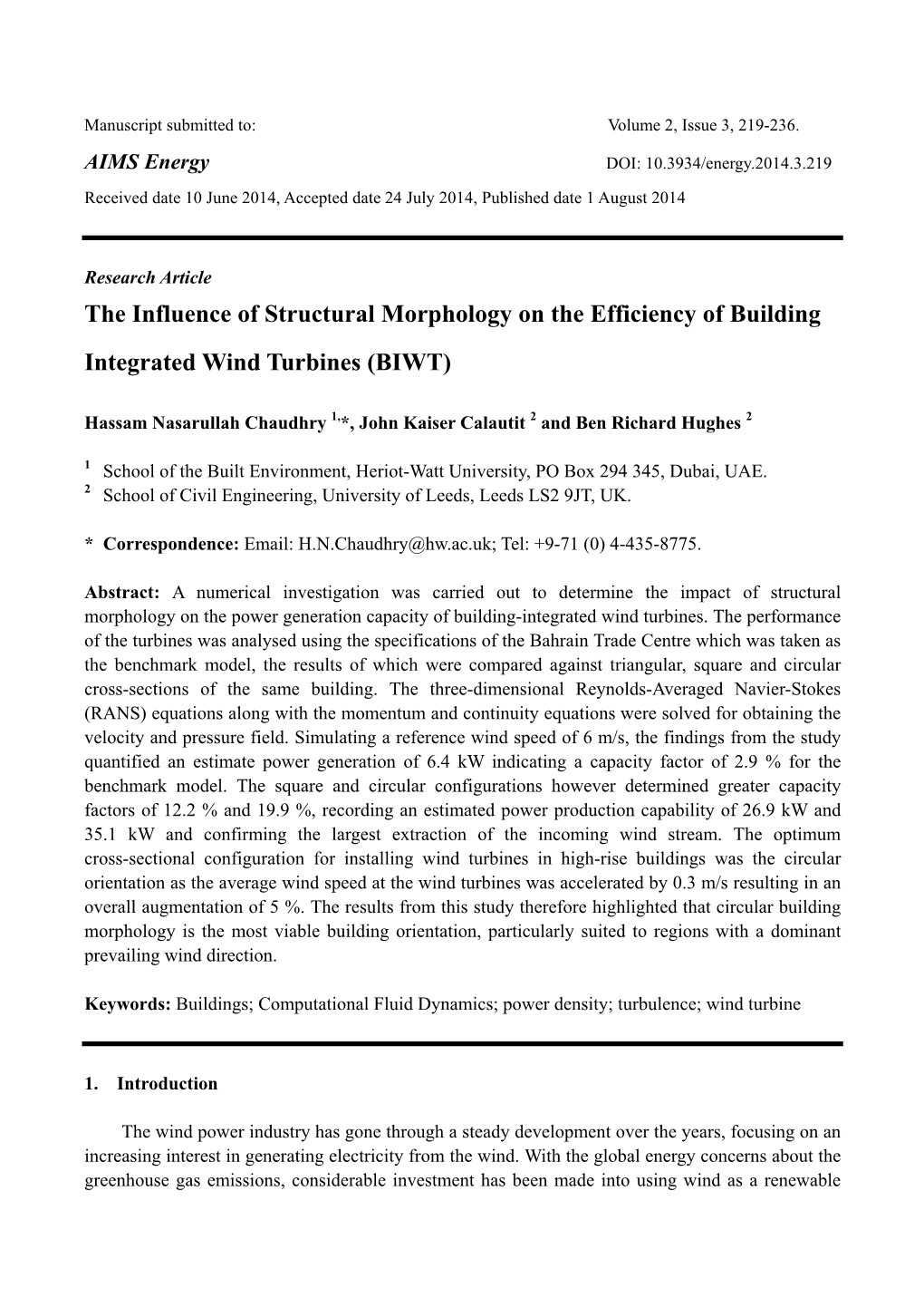 The Influence of Structural Morphology on the Efficiency of Building Integrated Wind Turbines (BIWT)