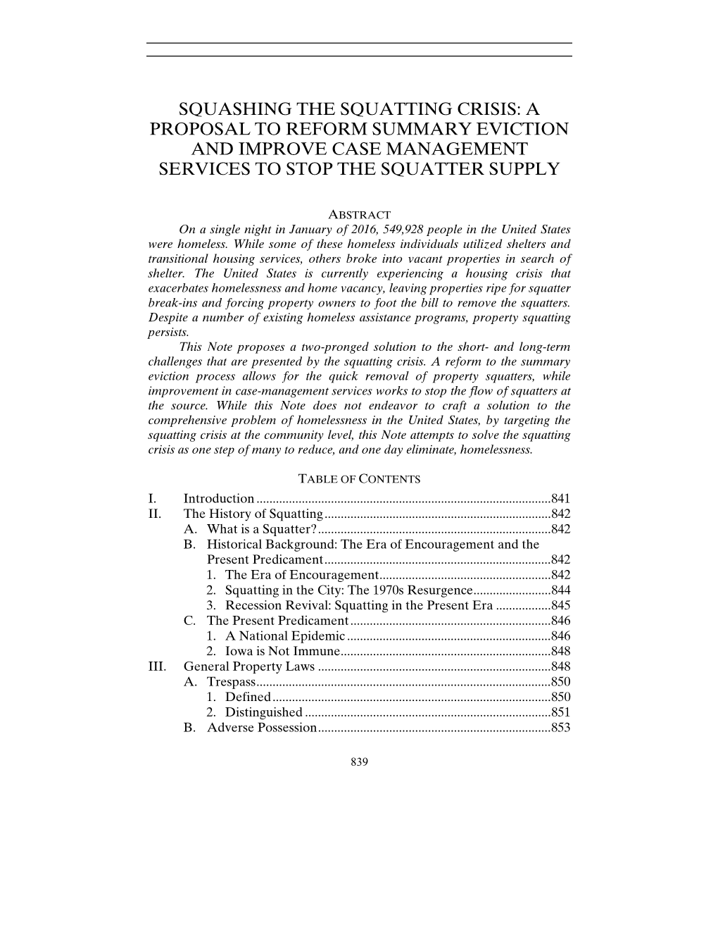 Squashing the Squatting Crisis: a Proposal to Reform Summary Eviction and Improve Case Management Services to Stop the Squatter Supply