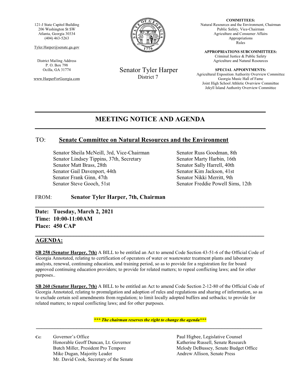 Senator Tyler Harper MEETING NOTICE and AGENDA