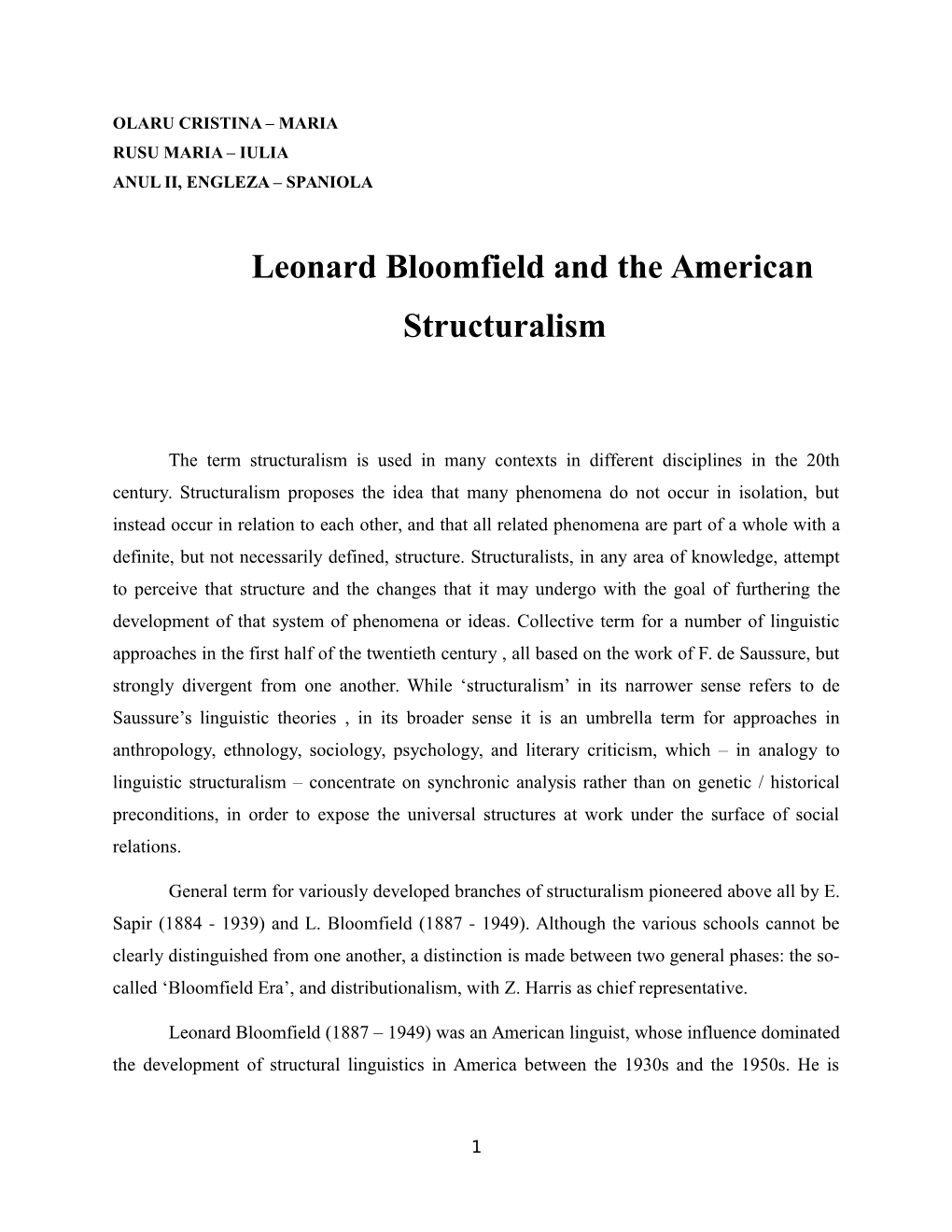 Leonard Bloomfield and the American Structuralism