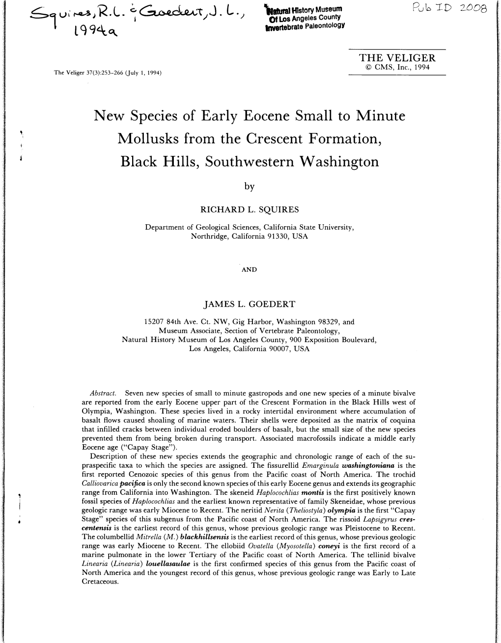 New Species of Early Eocene Small to Minute Mollusks from the Crescent Formation, Black Hills, Southwestern Washington