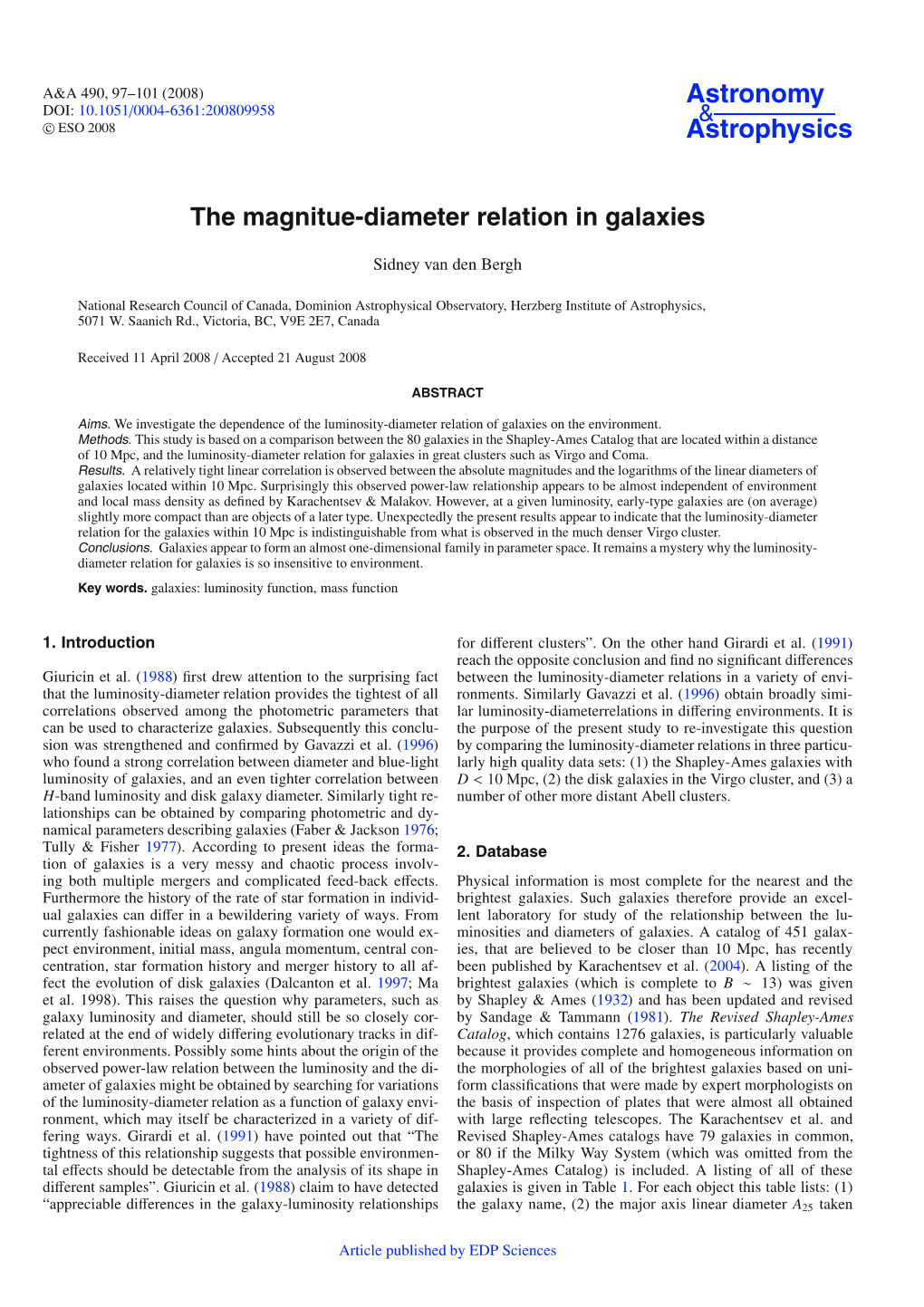 The Magnitue-Diameter Relation in Galaxies