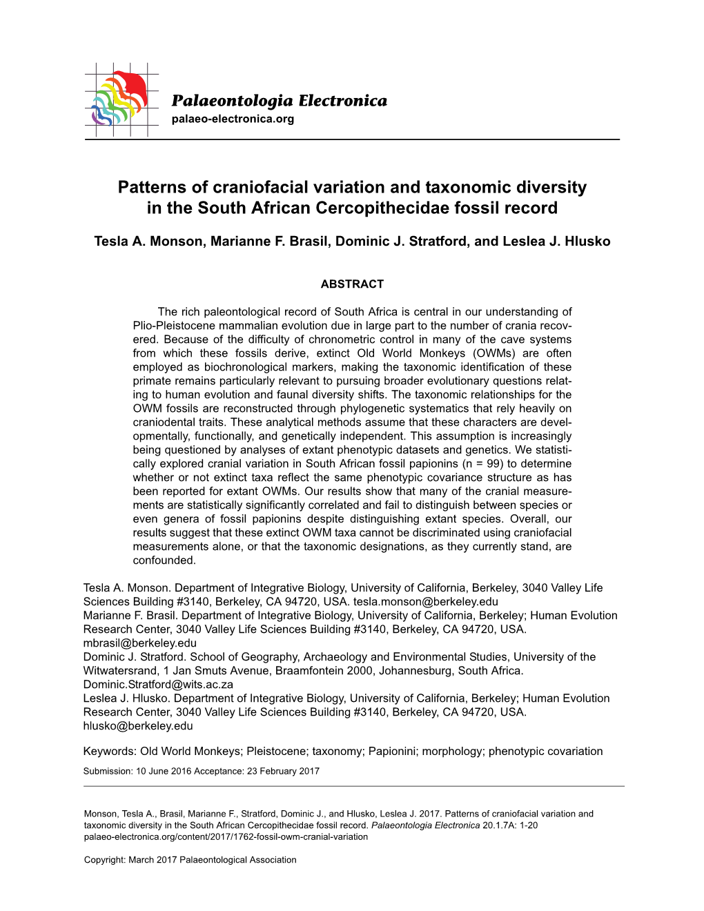 Patterns of Craniofacial Variation and Taxonomic Diversity in the South African Cercopithecidae Fossil Record