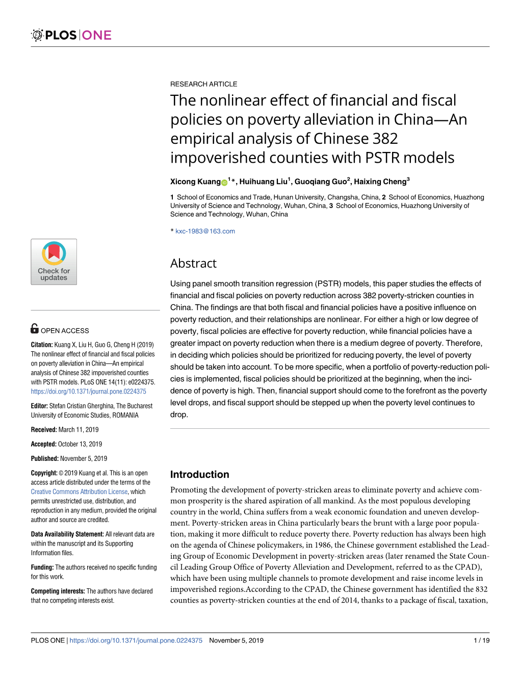 The Nonlinear Effect of Financial and Fiscal Policies on Poverty Alleviation in China—An Empirical Analysis of Chinese 382 Impoverished Counties with PSTR Models