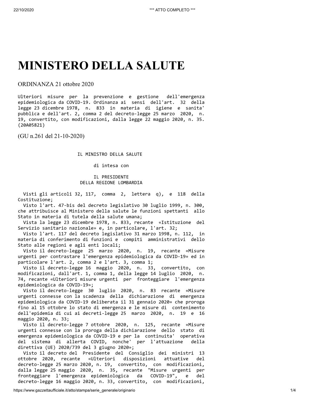 Ordinanza Del 21 Ottobre 2020 Di Ministero Salute