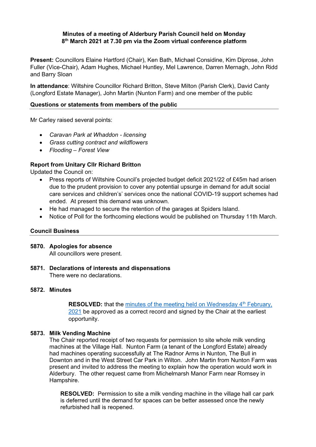 Minutes of a Meeting of Alderbury Parish Council Held on Monday 8Th March 2021 at 7.30 Pm Via the Zoom Virtual Conference Platform