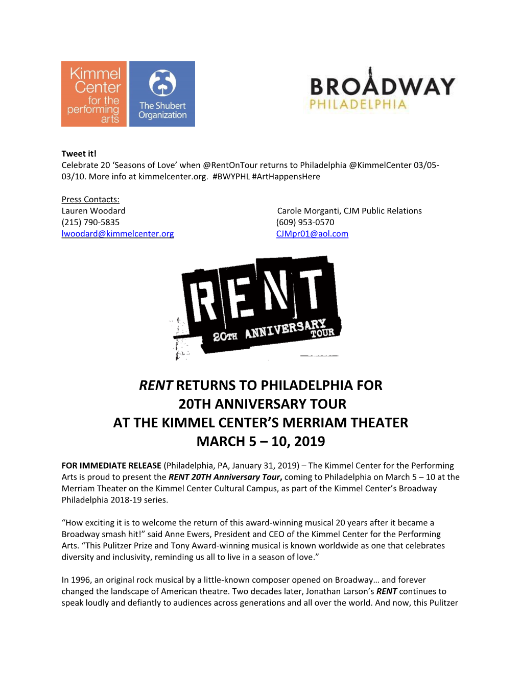 Rent Returns to Philadelphia for 20Th Anniversary Tour at the Kimmel Center’S Merriam Theater March 5 – 10, 2019