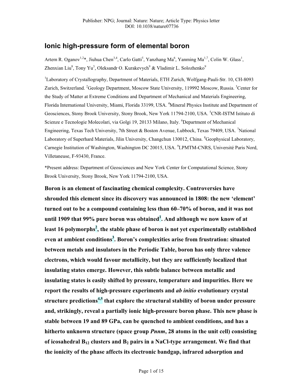 Ionic High-Pressure Form of Elemental Boron