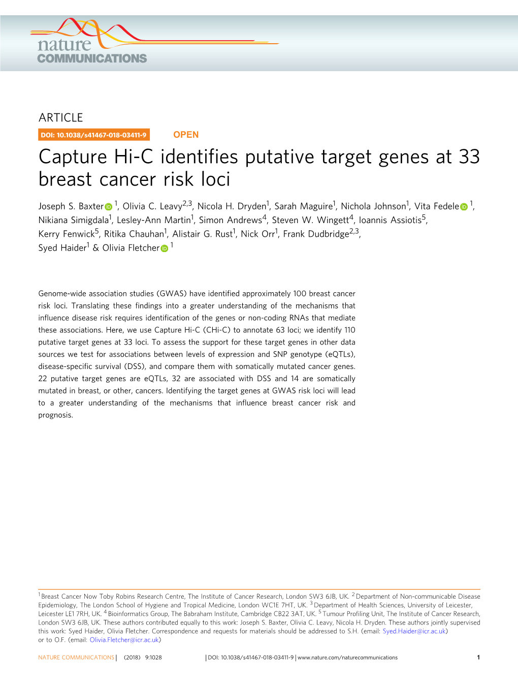 Capture Hi-C Identifies Putative Target Genes at 33 Breast Cancer Risk Loci